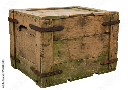 Konstfotografi Old wooden crate isolated on transparent background, vintage storage box for shi