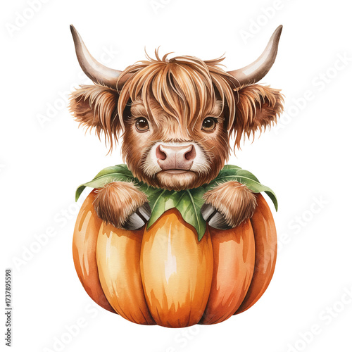 Cute highland cow peeking out from the pumpkin. Hand drawn watercolor illustration.