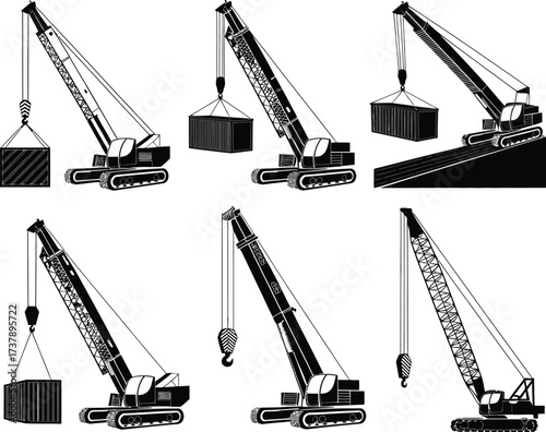 Black and white crane illustrations lifting various objects and containers