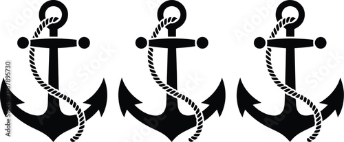Three Anchors with Ropes A Black and White Illustration