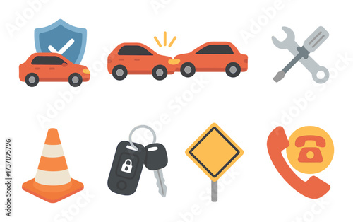 Car safety and maintenance icons featuring vehicles tools and signs