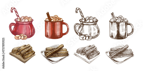 Hand drawn vintage sketch of hot cocoa mugs with marshmallows and churros dessert set in color and monochrome