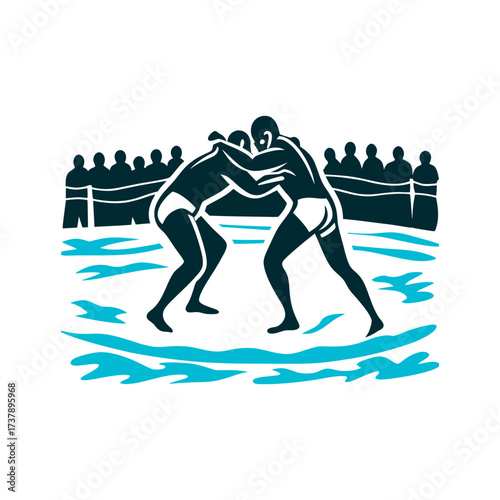 Boli Khela Wrestling Illustration, Bangladesh Boli Khela Wrestling Bangladesh Wrestlers locking shoulders in clay pit