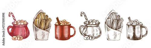 Hand drawn vintage sketch of hot cocoa mugs with marshmallows and churros set in color and monochrome