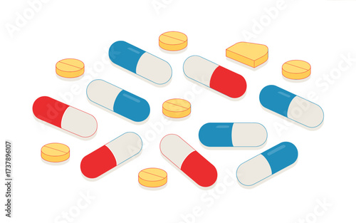 Colorful Pharmaceutical Pills and Capsules on White Background with Isometric Projection for Healthcare Industry and Medical Treatment Concepts