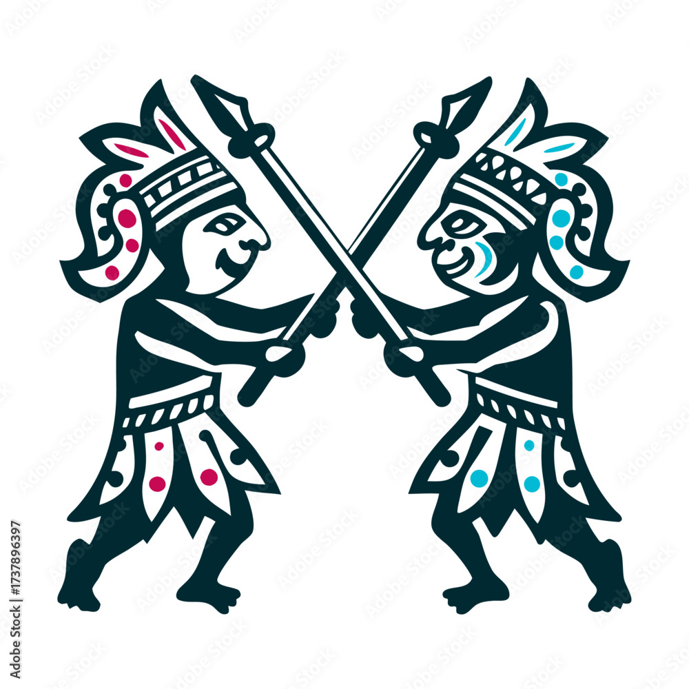 Fototapeta premium Wayang Golek Puppet Duel Indonesian Art Wayang Golek Puppet Duels Indonesia Two wooden puppets crossing staffs