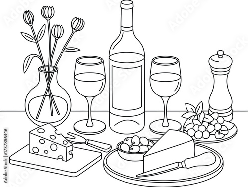 Elegant Black and White Line Drawing of Wine and Cheese Table Setup