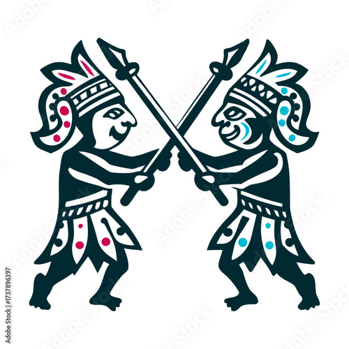 Wayang Golek Puppet Duel Indonesian Art Wayang Golek Puppet Duels Indonesia Two wooden puppets crossing staffs