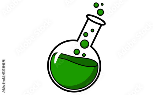 Laboratory Glassware with Green Liquid and Bubbles Scientific Experiment Chemical Reaction Illustration on White Background