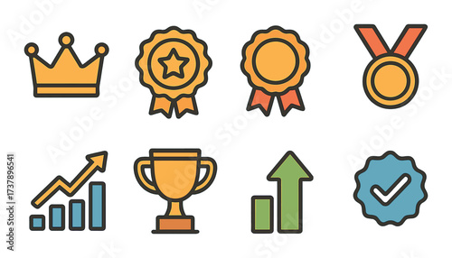 Award icons set: crown, medals, trophies, graphs highlight achievements