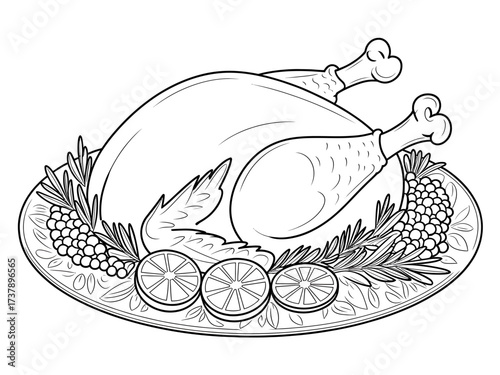 Thanksgiving Turkey Line Art Illustration Ready to Serve with Lemons Grapes and Herbs Perfect for Coloring Books and Festive Designs