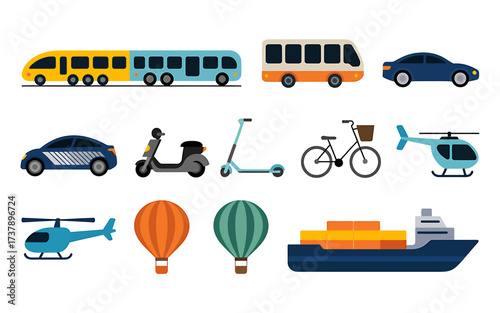 Various Transportation Methods Including Train Car Bus Sedan Scooter Bicycle Helicopter and Cargo Ship Illustration