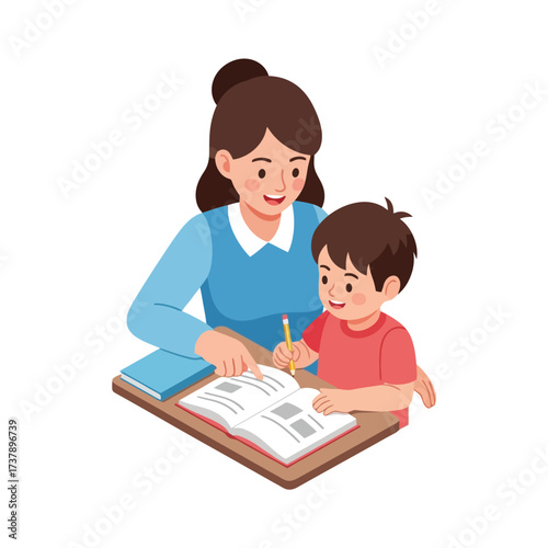 Teacher Guiding a Young Student Through a Book at a Desk, Educational Scene