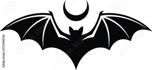 A black and white silhouette illustration of a flying bat and crescent moon
