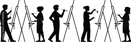 Silhouettes of creative individuals painting at easels, depicting an engaging art class scene