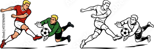 Flat vector of a soccer striker shooting while goalkeeper dives to block the intense duel colored and outlined only for coloring book
