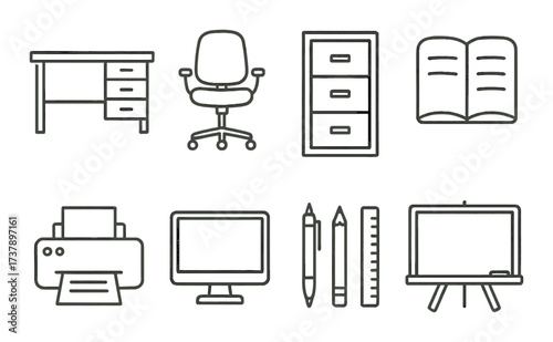 Office supplies icons: desk, chair, filing cabinet, books, printer, monitor, pens, ruler, easel