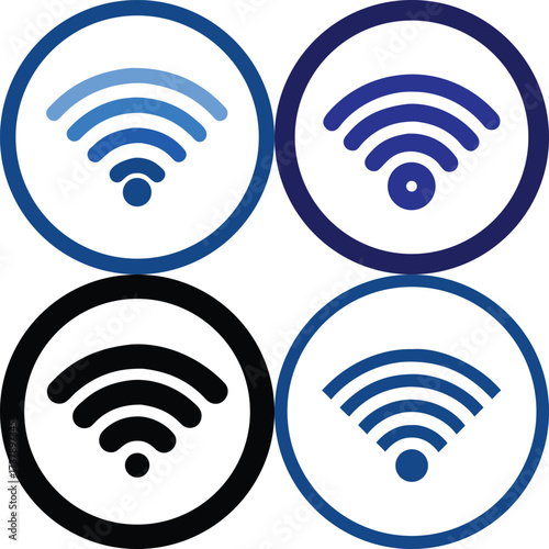 Four different Wifi signals icon variations, each contained within a circle. The icons depict varying strengths of connectivity, suggesting options for network signals