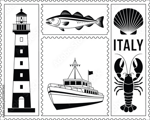 A set of five graphic illustrations depicting nautical and marine travel elements