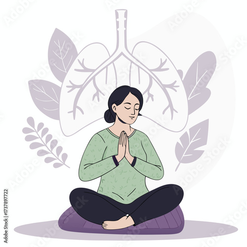 Vector art of meditative woman sitting in lotus position with lungs behind her, practicing mindfulness for respiratory health