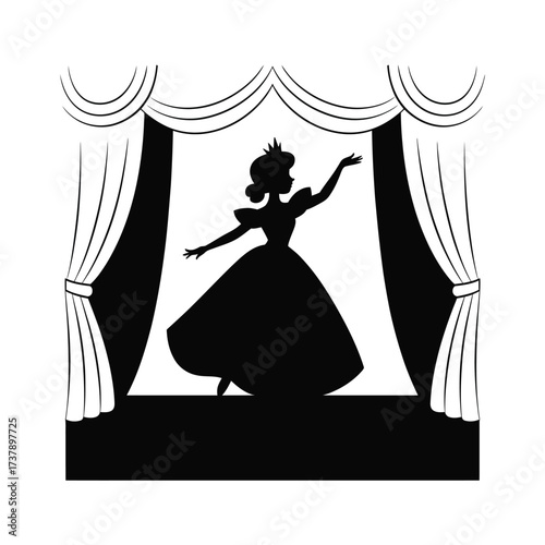 Silhouette of a graceful princess performing on a stage, framed by elegant curtains, evoking a sense of fantasy and performance art