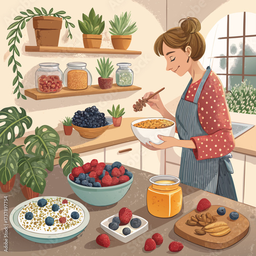 Vector art of woman preparing a healthy breakfast with oatmeal, berries, and honey in a cozy kitchen, surrounded by plants, enjoying a nutritious meal