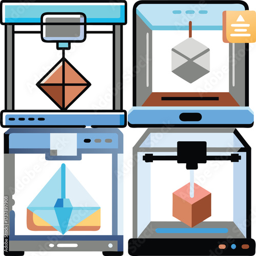 3D printing machines producing various geometrical objects. A demonstration of how 3D printing technology works