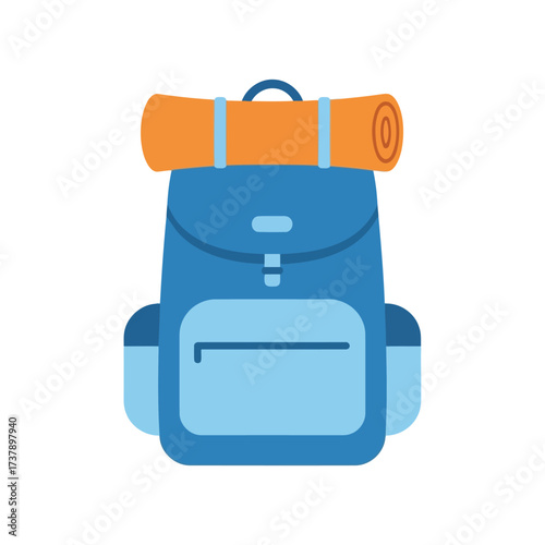 Vector illustration of a blue backpack with an orange sleeping bag or mat strapped to the top, suitable for travel and outdoor adventure themes