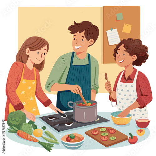 Vector art of cheerful friends cooking together in the kitchen, preparing healthy food with fresh vegetables and enjoying each others company in a cozy home
