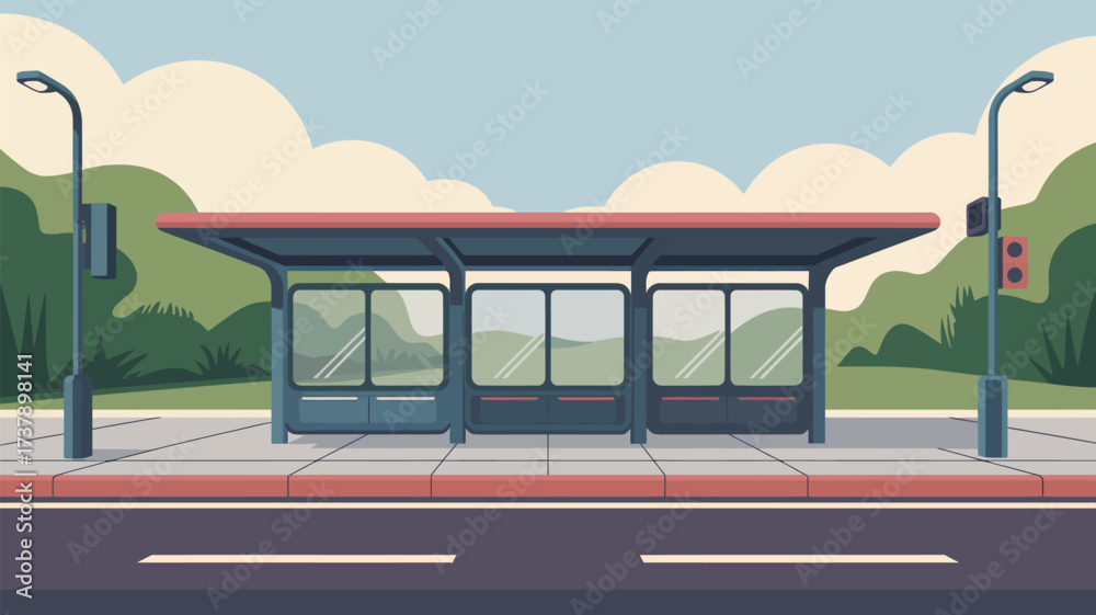Fototapeta premium A cartoon illustration of a bus stop with street lights and a traffic light on a sunny day scene