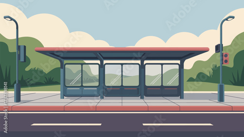 A cartoon illustration of a bus stop with street lights and a traffic light on a sunny day scene