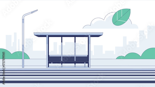 A stylized bus stop with a bench and a street light against a cityscape background with a leaf cloud