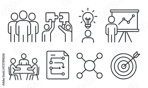 Business strategy icons featuring teamwork, planning, and innovation concepts