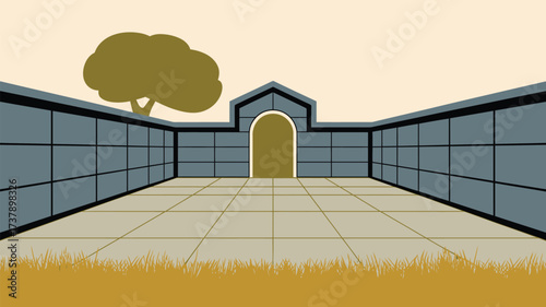 Illustration of a courtyard with gray walls, a golden door, and a tree against a light background
