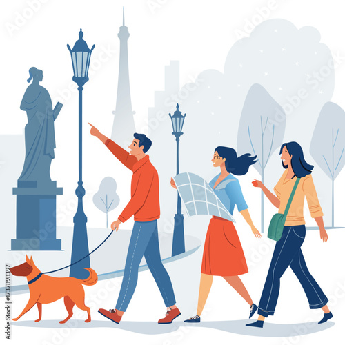 Vector art of group of tourists walking on a city street with famous landmark in the background, enjoying their vacation and exploring new places in the city