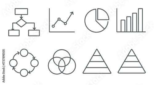 Business and data visualization icons: diagrams, charts, and graphs