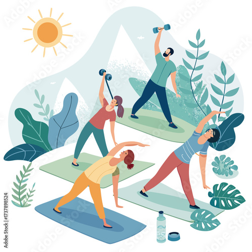 Vector art of group of people doing outdoor fitness exercises in nature, practicing yoga, and enjoying a healthy lifestyle with mountains and sun