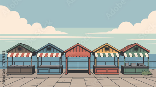 Five market stalls stand in a row along the boardwalk overlooking the ocean with a cloudy sky above