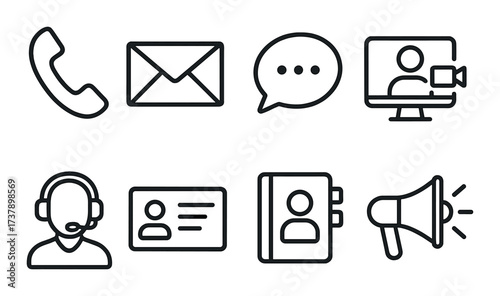 Communication icons: phone, email, chat, video, support, contact