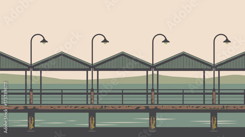 A stylized illustration of a pier with multiple shelters and lampposts over the water landscape view