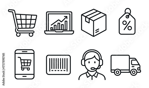 E-commerce icons: shopping cart, analytics, package, discount, barcode, customer support, delivery
