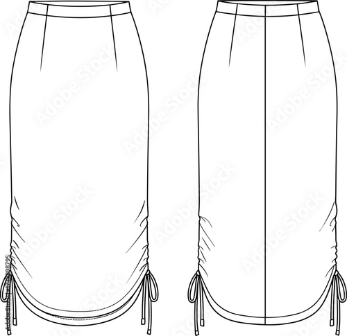 Ruched drawstring skirt technical sketch, cad drawing flat vector illustration, front and back view, fashion blueprint, garment design, clothing silhouette
