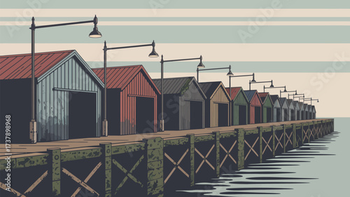 A row of colorful boathouses on a pier under a striped sky with street lamps in a vintage style art
