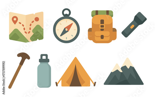 Camping adventure gear icons: map, compass, backpack, flashlight, tent, mountain, water bottle, ice axe