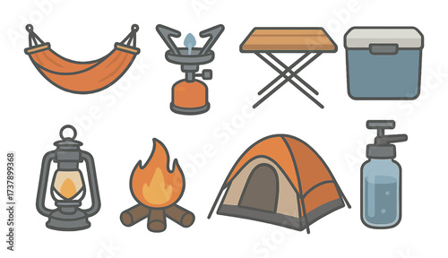 Camping gear illustrations: tent, lantern, hammock, stove, campfire, cooler, water bottle, table