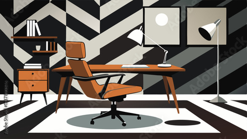 A home office with a dramatic black and white graphic wallpaper and a sleek floating desk made of walnut wood. A classic Eamesstyle office chair sits at the desk and a geometric