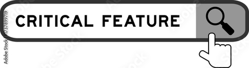 Search banner in word critical feature with hand over magnifier icon on white background