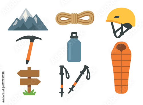 Essential hiking gear icons: mountain, helmet, ice axe, rope, sleeping bag, water bottle, trekking poles