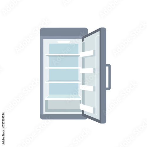 A clean, empty refrigerator with the door ajar, showcasing its shelves and interior lighting against a white background, representing storage and organization