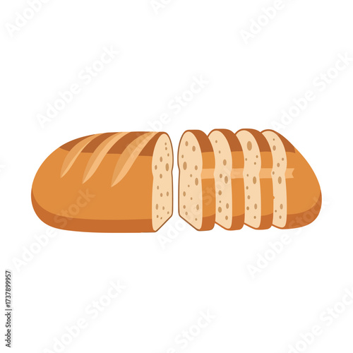 Delicious illustration of a golden-brown loaf of bread, half whole and half neatly sliced, revealing its soft texture and inviting appearance, a versatile staple food